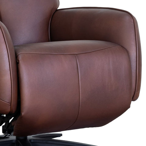 Close-up of a brown leather recliner chair showing the seat cushion, armrest, and part of the back against a white background.