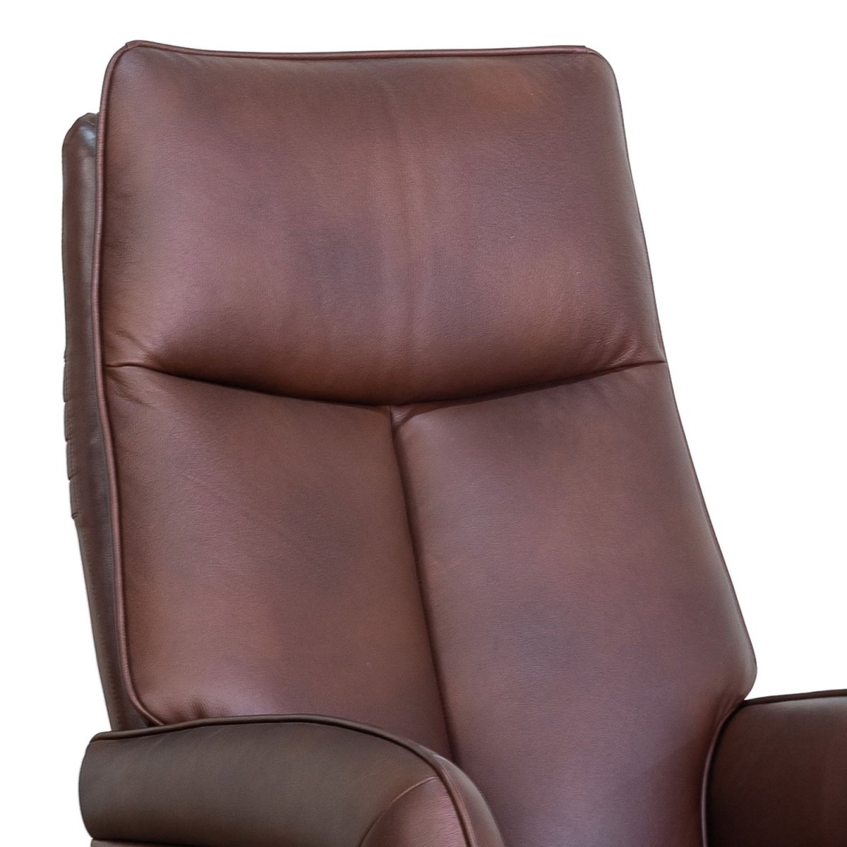 Close-up of a brown leather Swivel recliner chair back and armrest against a plain white background.