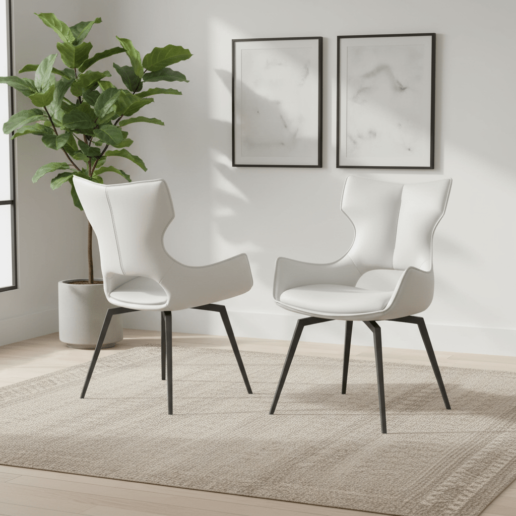 Modern Westin Rafaello white faux leather swivel dining chairs in a room with a plant and framed artwork on the wall.