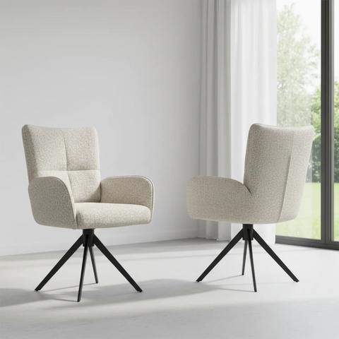 Umbria Ivory Fabric 360 Swivel Dining Armchairs with Black metal Legs