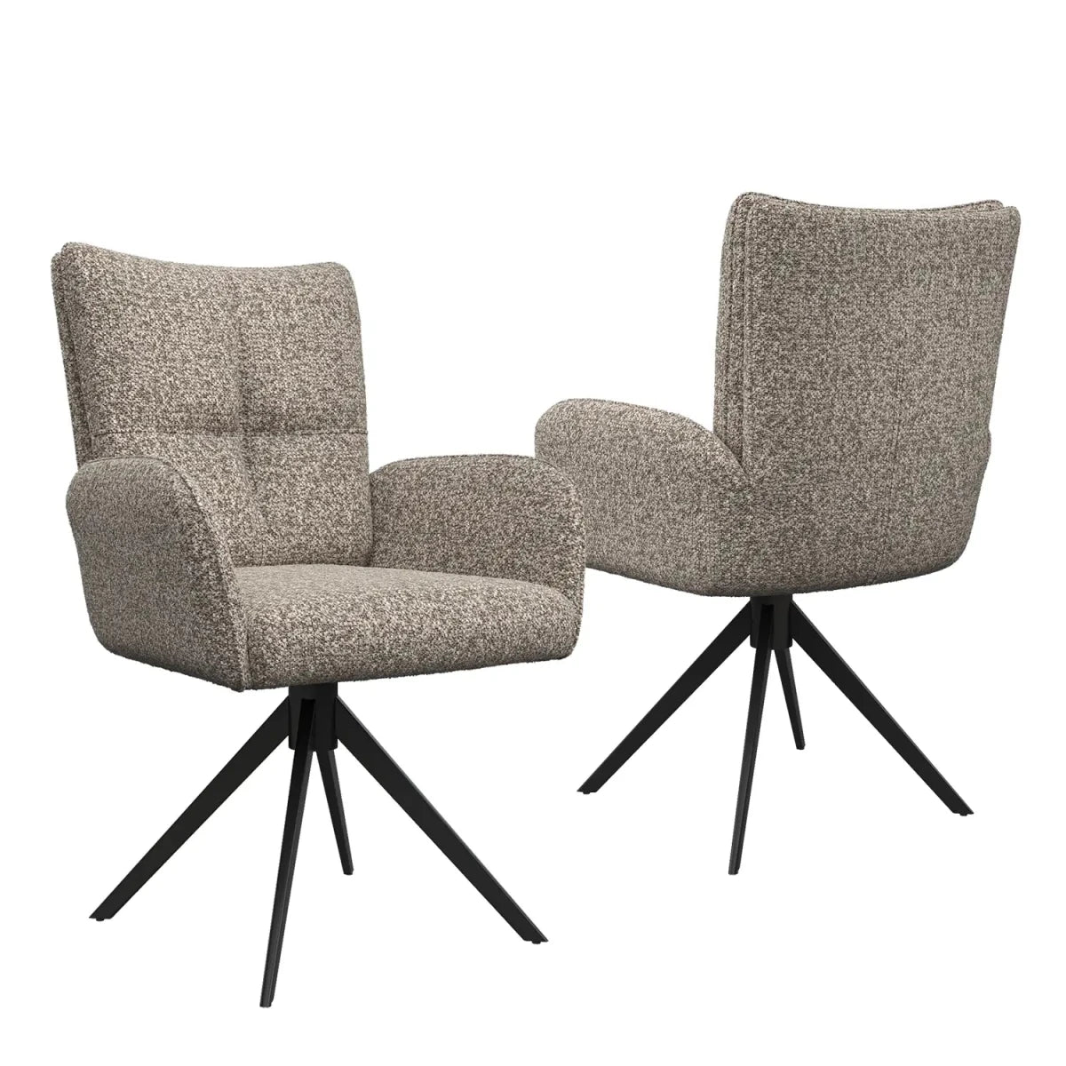 Umbria oatmeal fabric swivel dining armchairs with 360° rotation and black metal frame. Available in sets of 4, 6 or 8 for modern dining spaces.