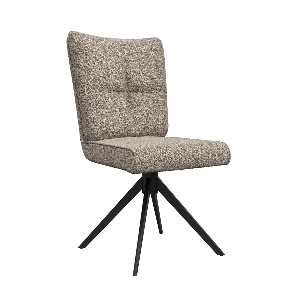 Chair with patterned mink cushion and black metal legs on a white background