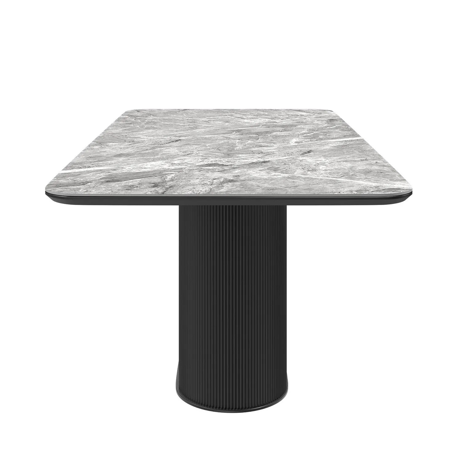Blakely High Gloss Light Grey Marble Effect Ceramic Top Dining Table with Pedestal Base - Side view