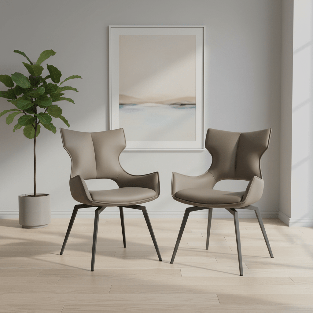 Modern Westin Rafaello Taupe faux leather swivel dining chairs in a room with a plant and framed artwork on the wall.