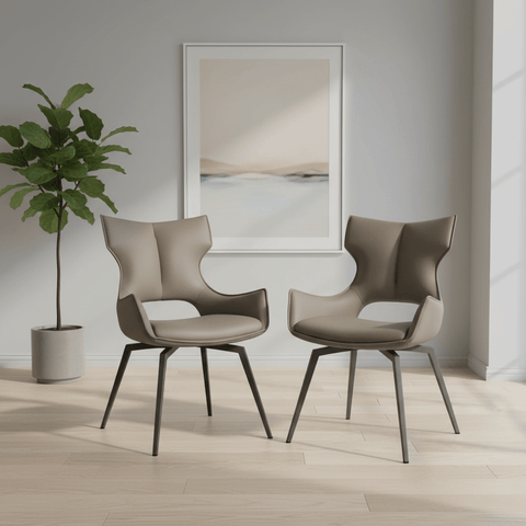 Modern Westin Rafaello Taupe faux leather swivel dining chairs in a room with a plant and framed artwork on the wall.