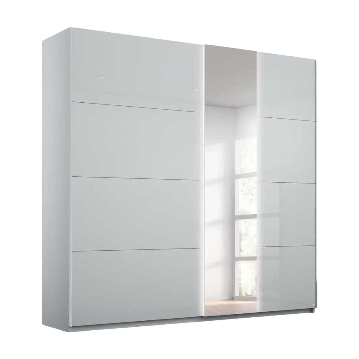 Rauch Atlanta Sliding Door Wardrobe with Silk Grey Glass and Mirror Front, Available in 3 Width Sizes 181cm, 226cm and 271cm.