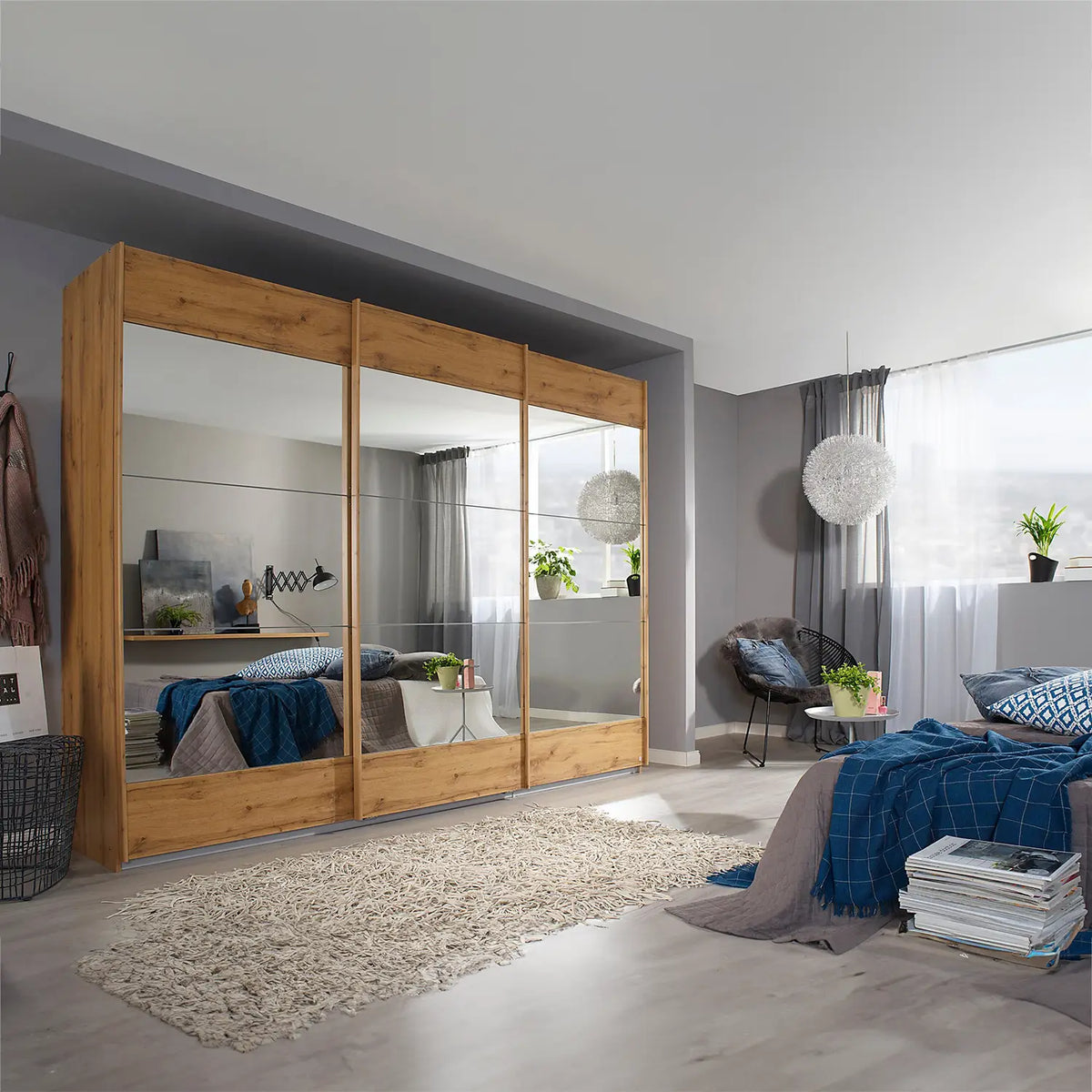 Mali Artisan Oak 3 Sliding door Wardrobe with Mirror - Pendle Village Furniture