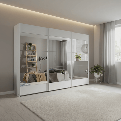 Mali Silk Grey 3 Sliding Door 271cm Wide Wardrobe with Mirror