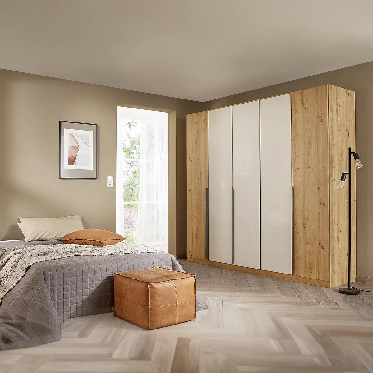 Artemis Oak & Champagne Glass 5 Door Hinged Wardrobe - 226cm - Pendle Village Furniture