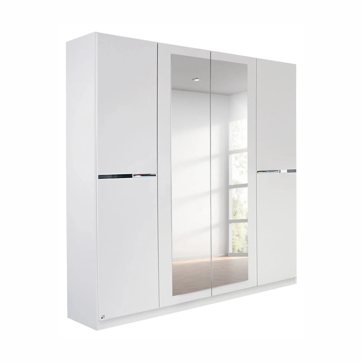 Dalton 181cm Alpine White 4 door mirrored wardrobe in stock for fast UK delivery. Modern hinged wardrobe with shelves and hanging rails.