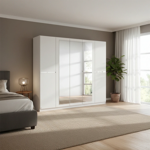 Dorsten Style White 5 Door wardrobe with Mirror Width 226cm