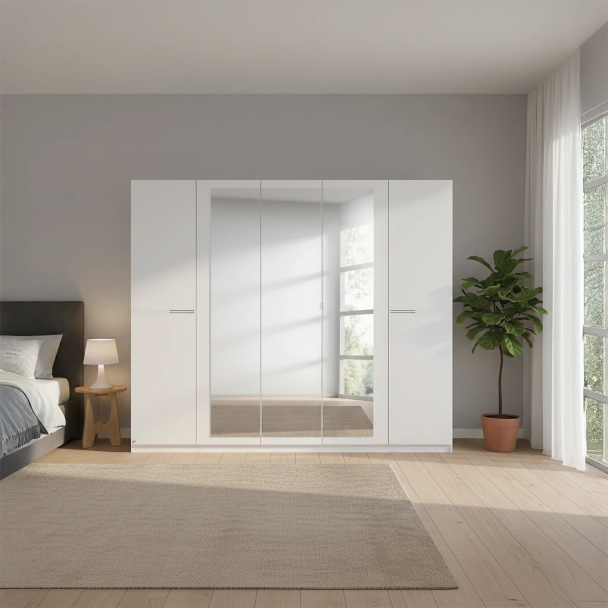 Modern bedroom with a large 5 Door White wardrobe by Rauch
