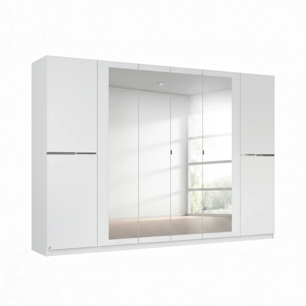 Dalton 271cm Alpine White 6 door mirrored wardrobe in stock for fast UK delivery. Modern hinged wardrobe with shelves and hanging rails. 