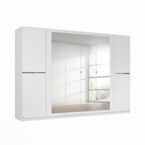 Dalton 271cm Alpine White 6 door mirrored wardrobe in stock for fast UK delivery. Modern hinged wardrobe with shelves and hanging rails. 