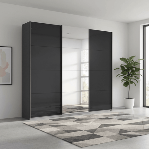 Rauch Forms Black Glass 3 Door Sliding Wardrobe with Mirror
