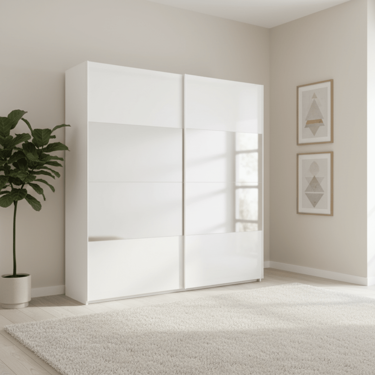 Modern Rauch forms White Glass and Mirror sliding wardrobe with glass doors in a minimalistic room.