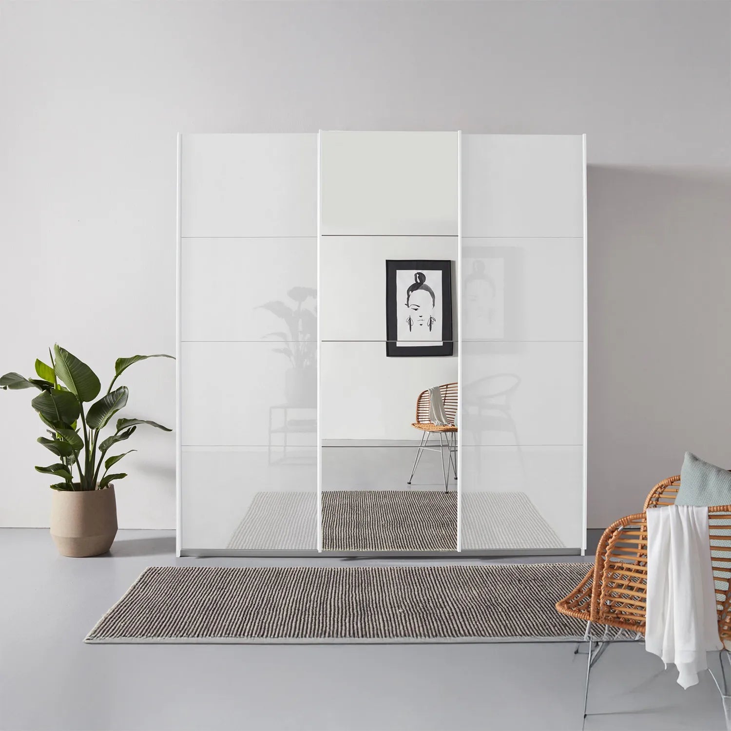 Rauch Forms White High Gloss 3 Door Sliding Wardrobe with Mirror - Pendle Village Furniture