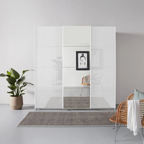 Rauch Forms White High Gloss 3 Door Sliding Wardrobe with Mirror - Pendle Village Furniture