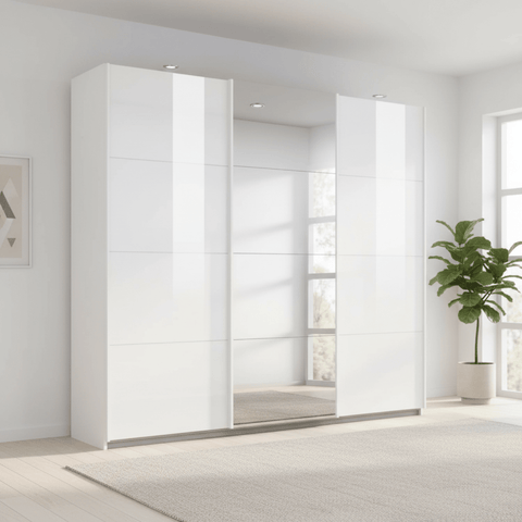 Rauch Forms White High Gloss 3 Door Sliding Wardrobe with Mirror