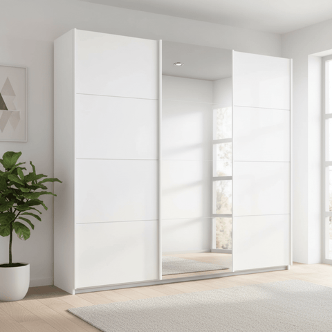 Rauch Forms White Glass 3 Door Sliding Wardrobe with Mirror 