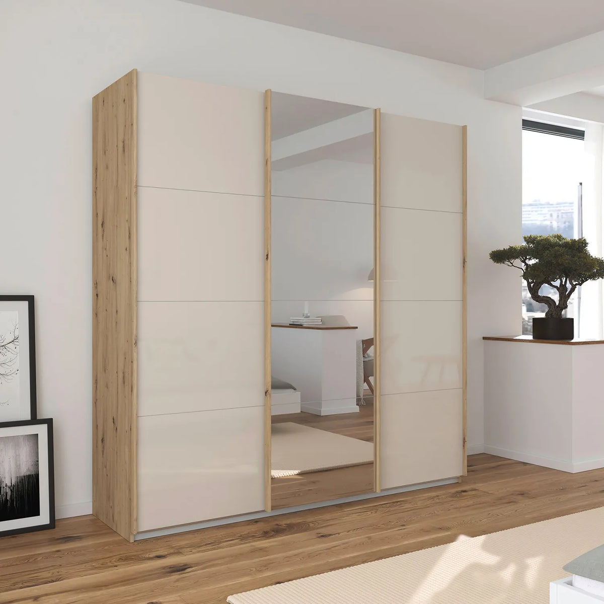 Rauch Forms Oak & Champagne Glass 3 Door Sliding Wardrobe - Pendle Village Furniture