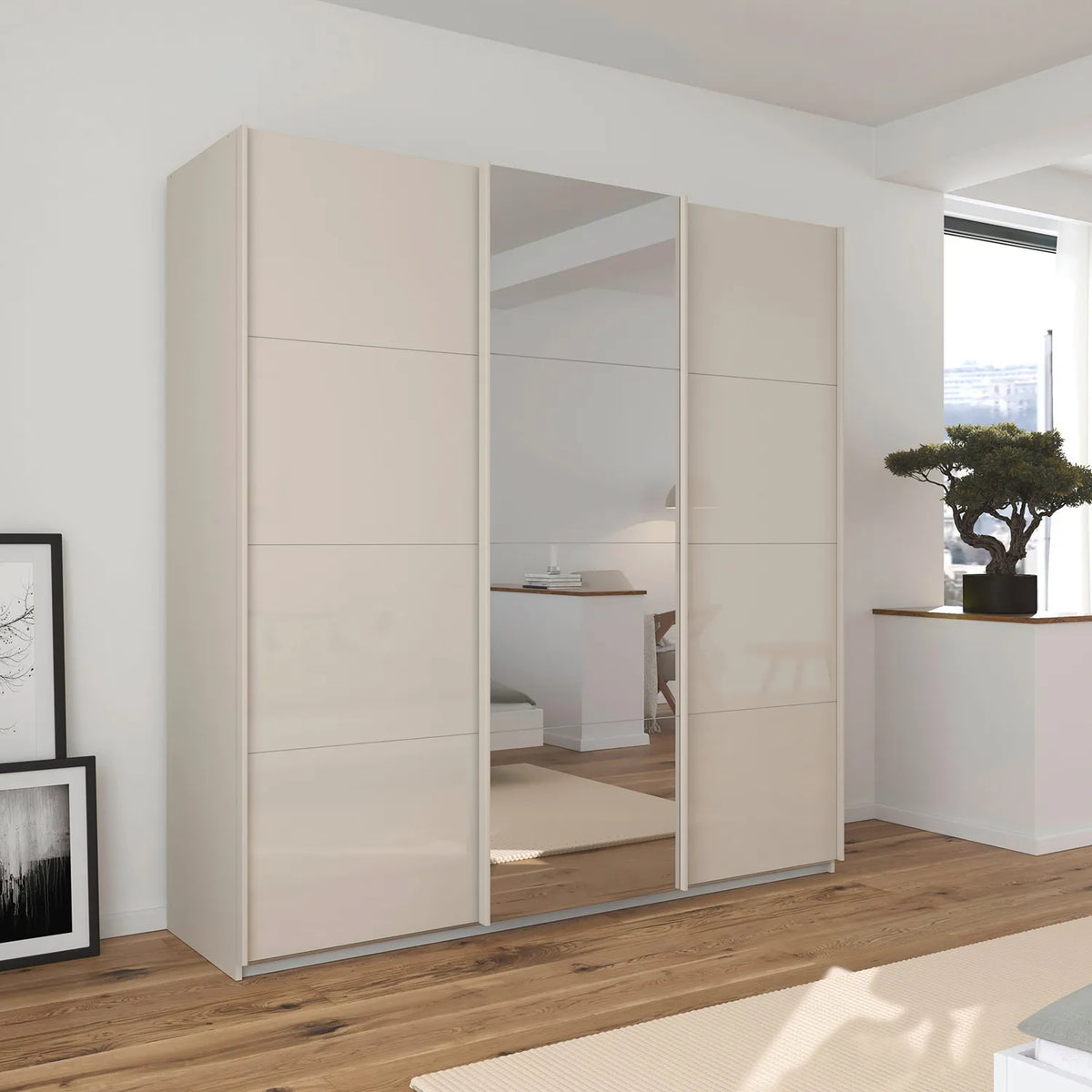 Rauch Forms Champagne Glass 3 Door Sliding Wardrobe with Mirror - Pendle Village Furniture