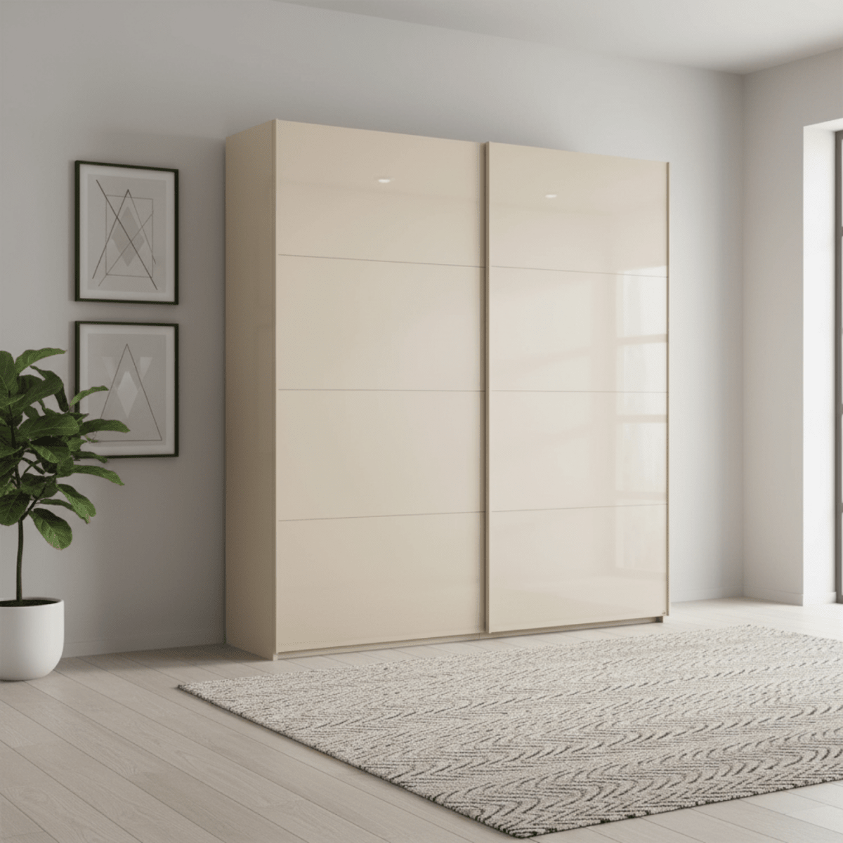 Champagne wardrobe with sliding doors in a modern room with a plant and framed art.
