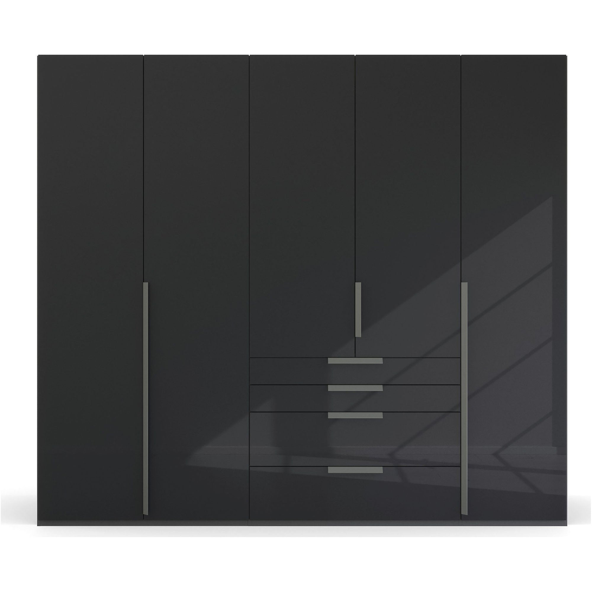 Rauch Frans 250cm Wardrobe Black Glass 5 Door wardrobe with mirror and drawers, Size: Width 250cm Height 223cm Depth 60cm. Front Finish Glass, Free Delivery and Assembly included in price - 002