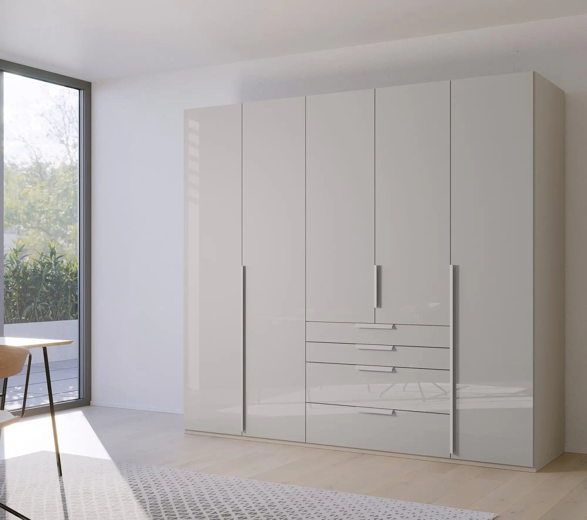 Frans 250cm Glass 5 Door Wardrobe With Drawers