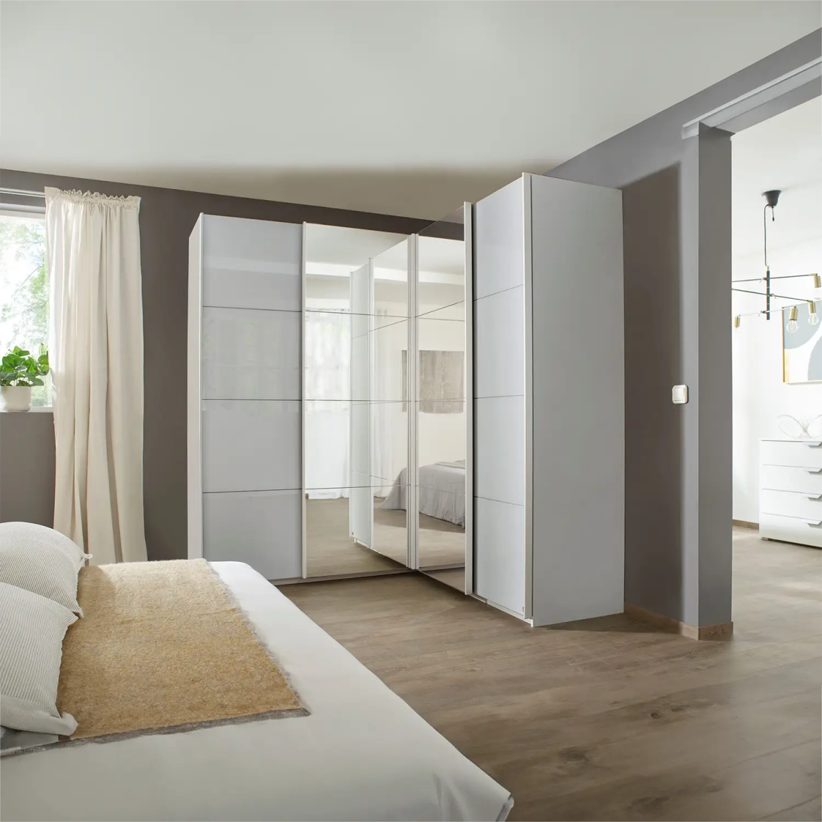 Rauch Lema 4 Door Sliding Corner Wardrobe - Silk Grey Glass - Pendle Village Furniture