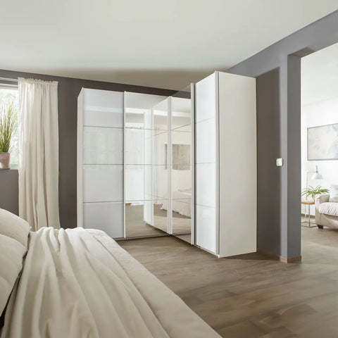 Lima 181cm 4 Door Corner Sliding Wardrobe with 2 White Glass Doors and 2 Mirror Doors 210cm Tall