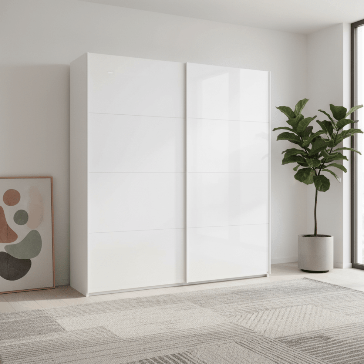 Modern interior with a Rauch Forms White Glass 2 Door Slider Wardrobe door and a plant.