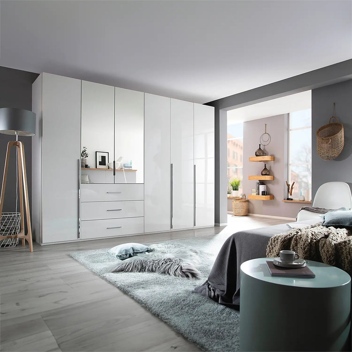 Rauch Montclar White High Gloss 6 Door Wardrobe with Drawers - Pendle Village Furniture