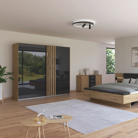 Rauch Mosbach Basalt Glass Sliding Door Wardrobe, Panel design on the Doors, Carcase Artisan Oak, Width 226 Height 210 Depth 54cm  - Bedroom Furniture Set