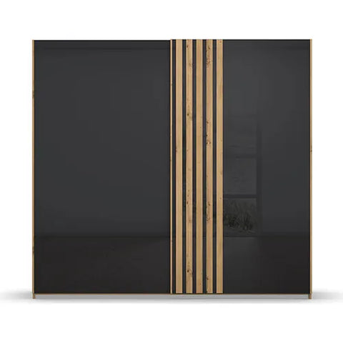 Rauch Mosbach Basalt Glass Sliding Door Wardrobe, Panel design on the Doors, Carcase Artisan Oak, Width 226 Height 210 Depth 54cm  - Front View