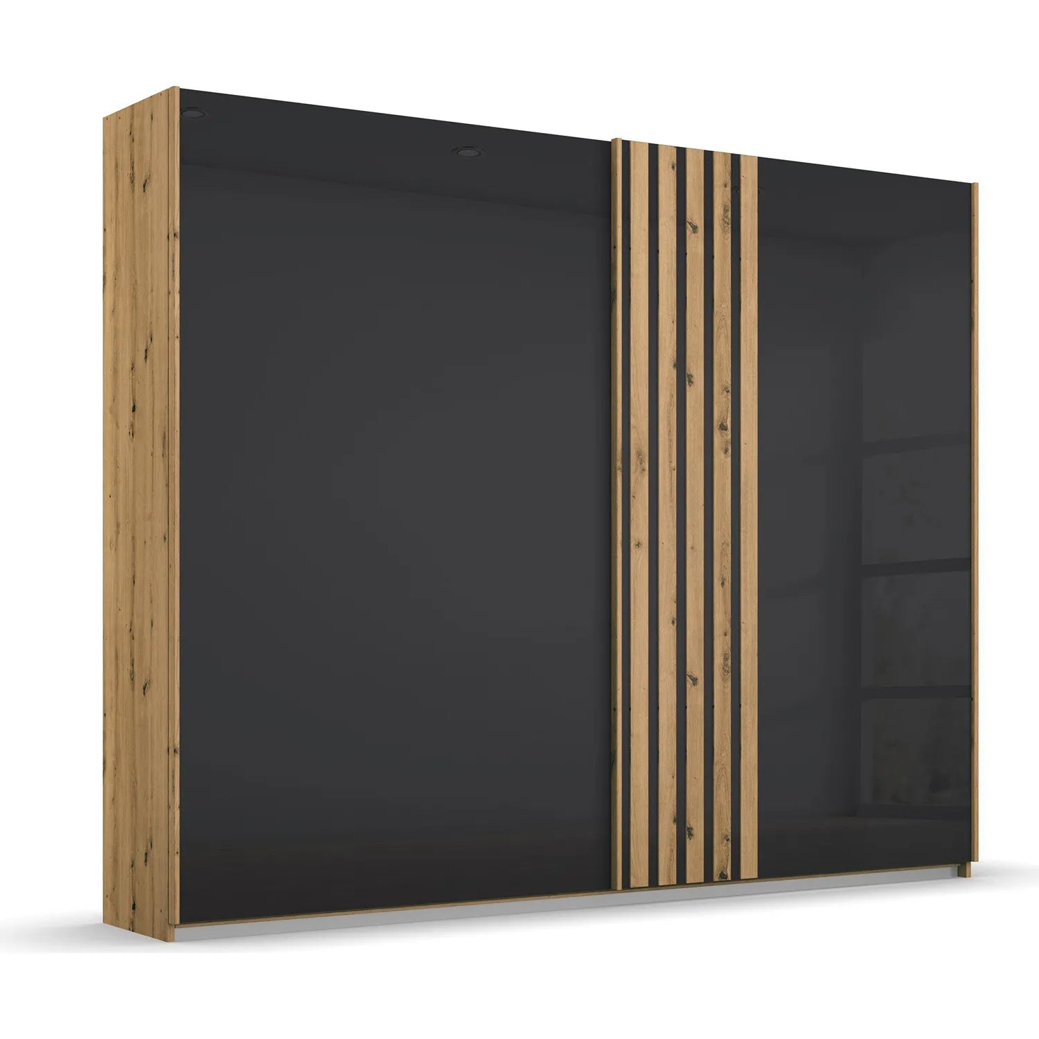 Rauch Mosbach Basalt Glass Sliding Door Wardrobe, Panel design on the Doors, Carcase Artisan Oak, Width 226 Height 210 Depth 54cm 