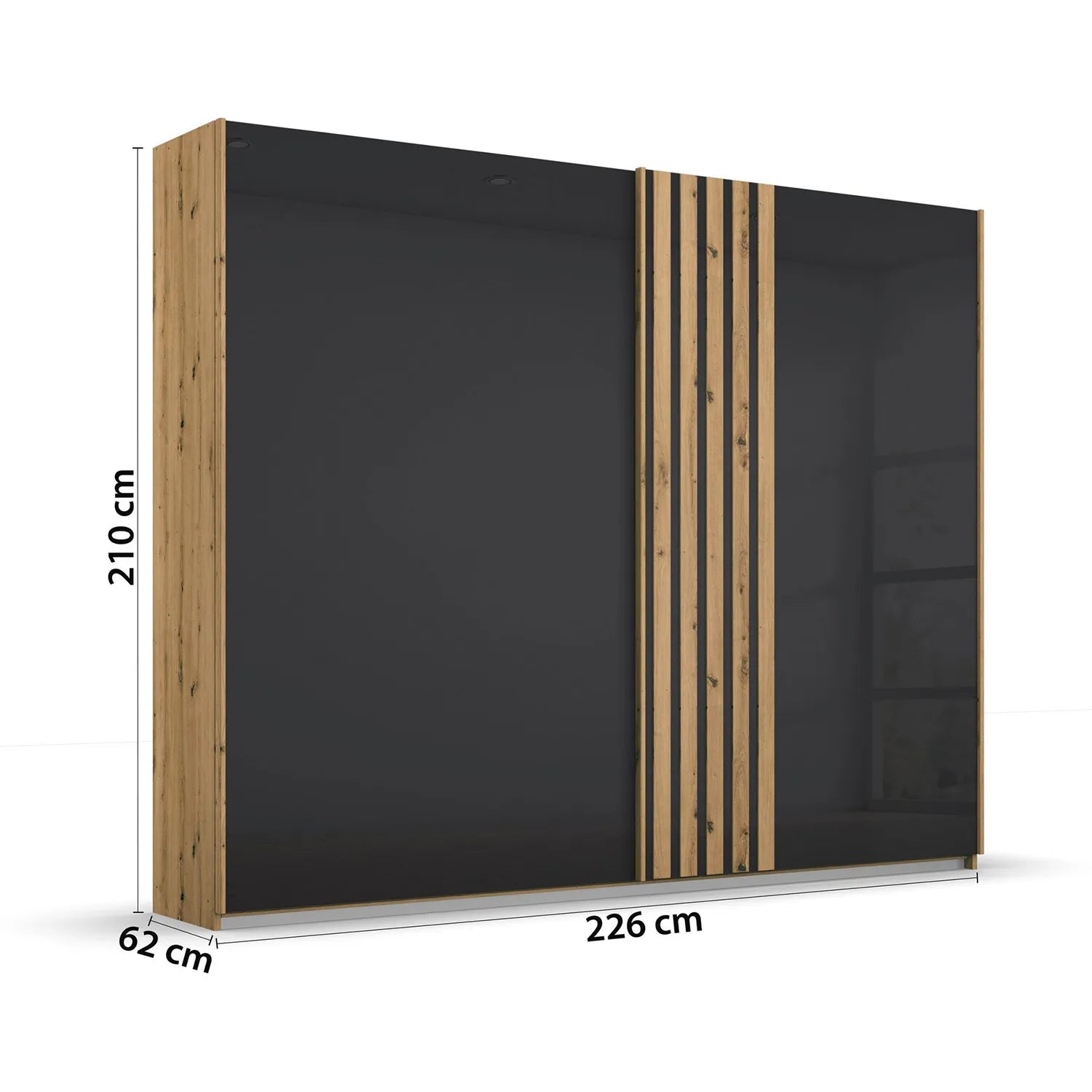 Rauch Mosbach Basalt Glass Sliding Door Wardrobe, Panel design on the Doors, Carcase Artisan Oak, Width 226 Height 210 Depth 54cm  - Dimensions
