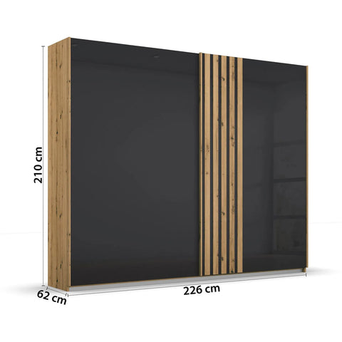 Rauch Mosbach Basalt Glass Sliding Door Wardrobe, Panel design on the Doors, Carcase Artisan Oak, Width 226 Height 210 Depth 54cm  - Dimensions
