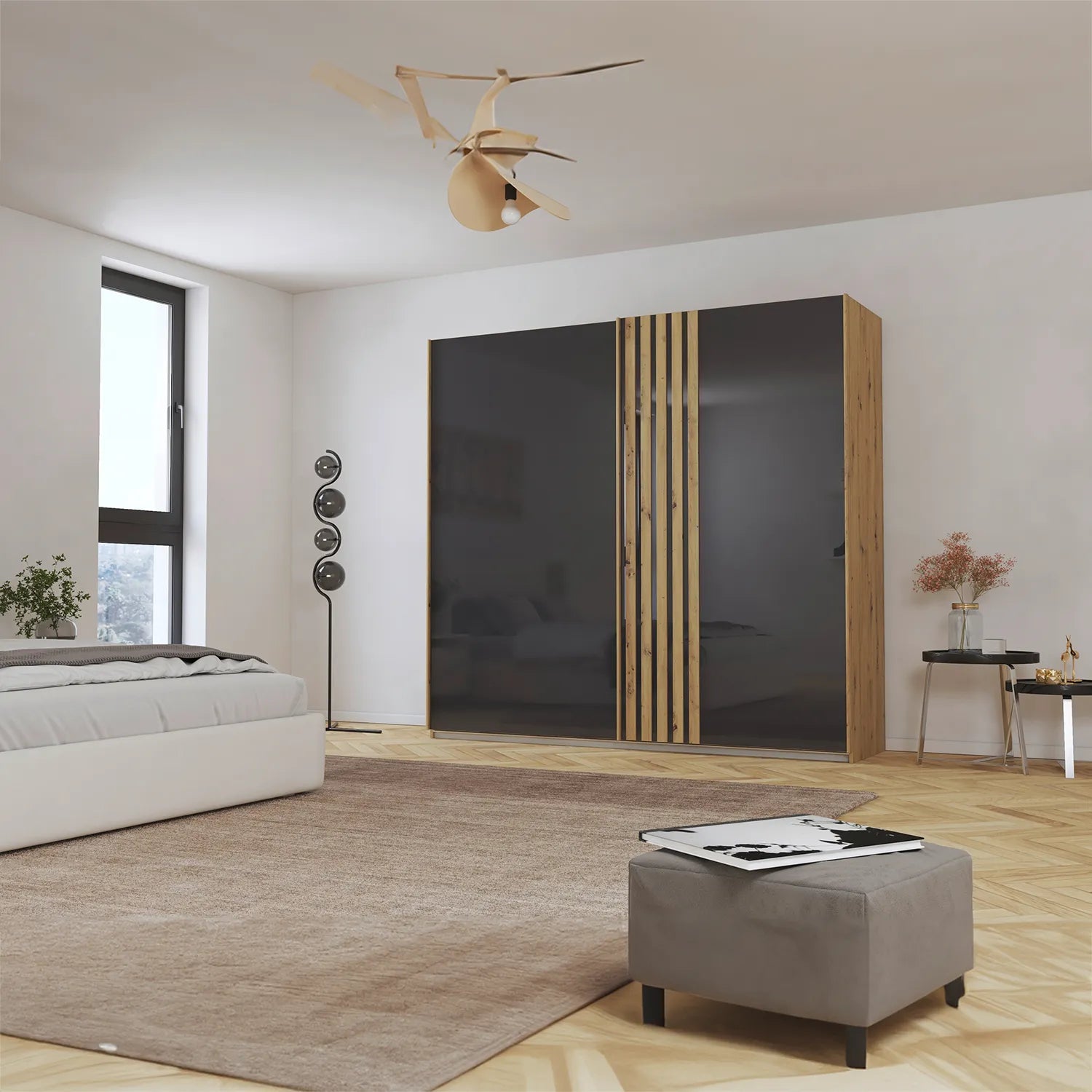 Rauch Mosbach Basalt Glass Sliding Door Wardrobe, Panel design on the Doors, Carcase Artisan Oak, Width 226 Height 210 Depth 54cm  - Lifestyle Wide Angle