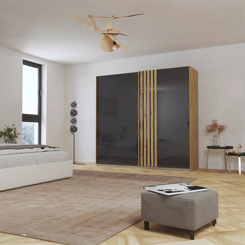 Rauch Mosbach Basalt Glass Sliding Door Wardrobe, Panel design on the Doors, Carcase Artisan Oak, Width 226 Height 210 Depth 54cm  - Lifestyle Wide Angle