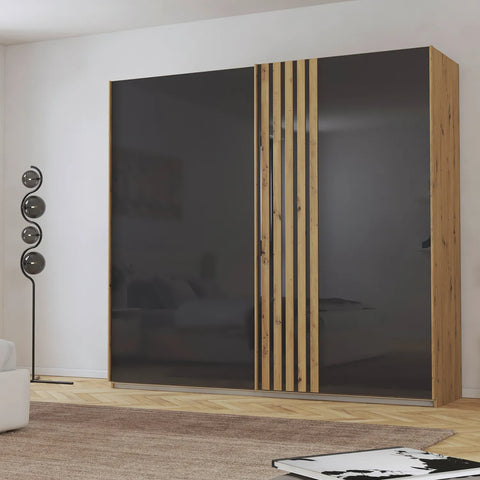 Rauch Mosbach Basalt Glass Sliding Door Wardrobe, Panel design on the Doors, Carcase Artisan Oak, Width 226 Height 210 Depth 54cm  - Lifestyle