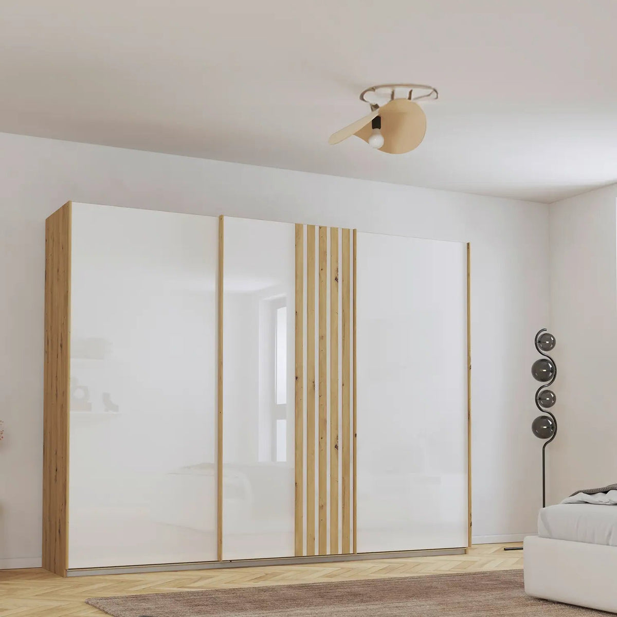 Rauch Mosbach White Glass Large 3 Door Sliding Wardrobe - W271cm - Pendle Village Furniture