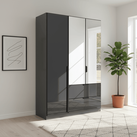 Mulheim 3 Door Basalt Glass Wardrobe with Drawers and Mirror