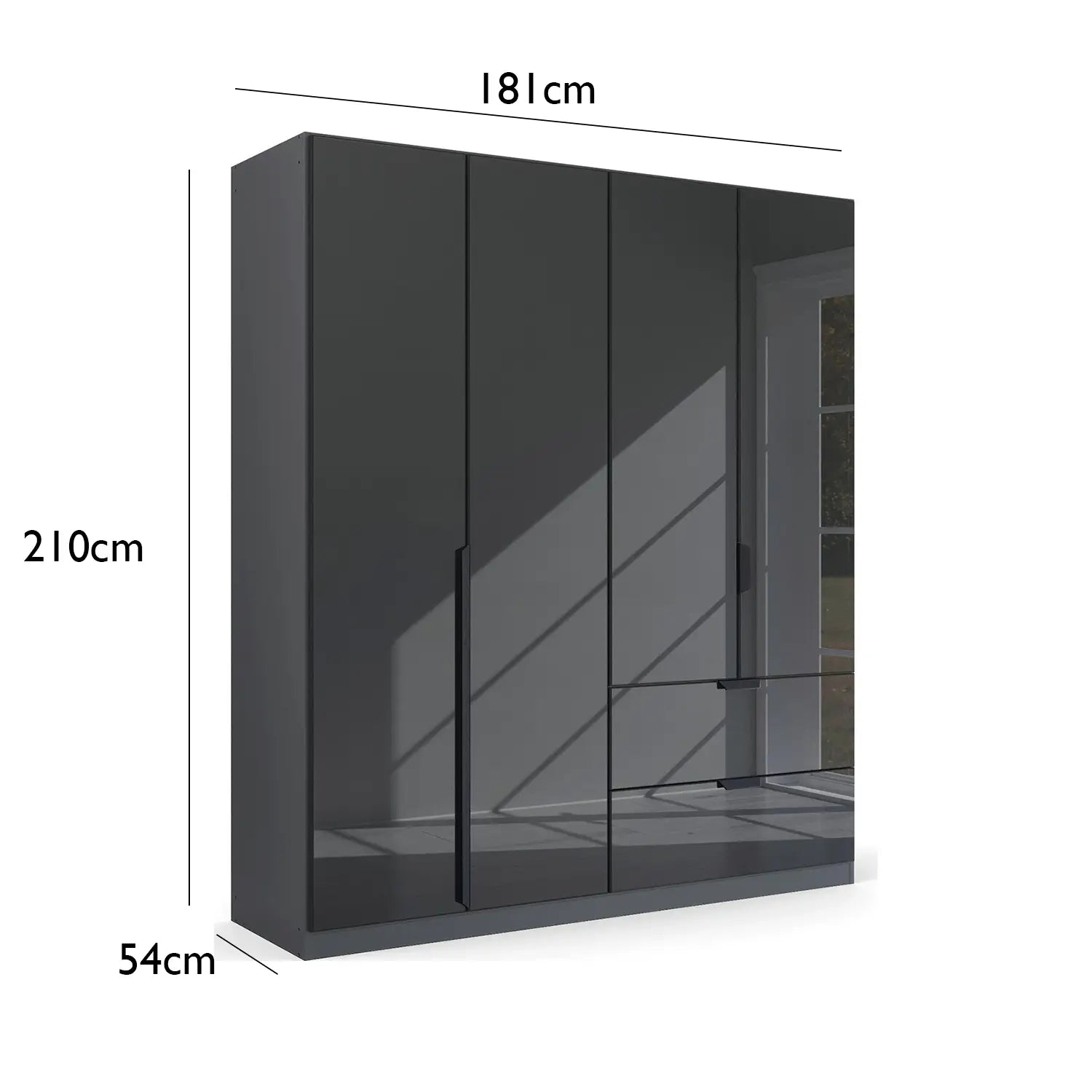 Mulheim 4 Door Basalt Glass Wardrobe with Drawers and Mirror - Pendle Village Furniture