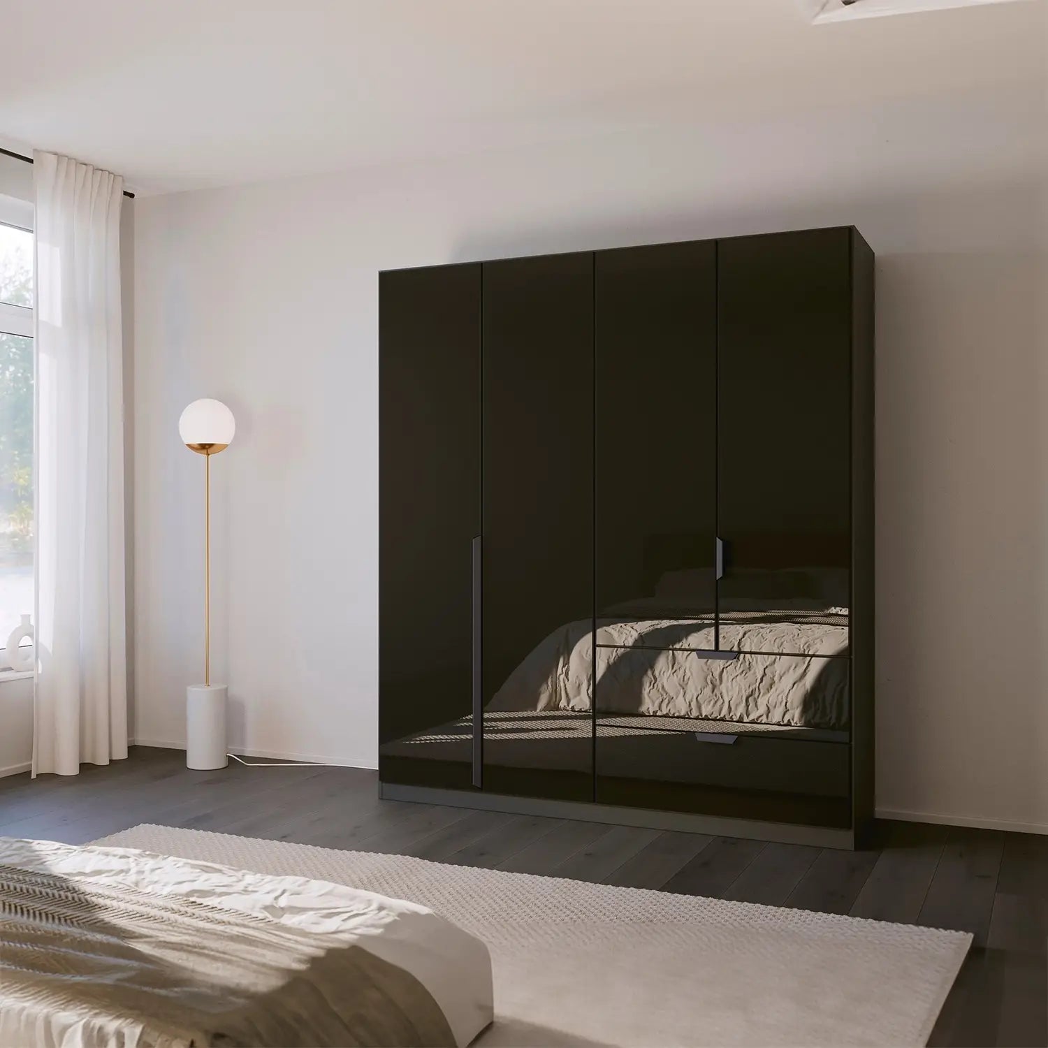 Mulheim 4 Door Basalt Glass Wardrobe with Drawers and Mirror - Pendle Village Furniture