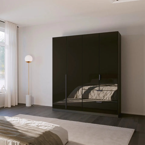 Mulheim 4 Door Basalt Glass Wardrobe with Drawers and Mirror - Pendle Village Furniture