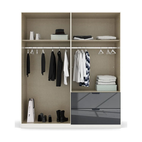 Mulheim 4 Door Basalt Glass Wardrobe with Drawers and Mirror - Pendle Village Furniture