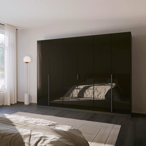 6 Door Black Wardrobe with drawers and long door handles 