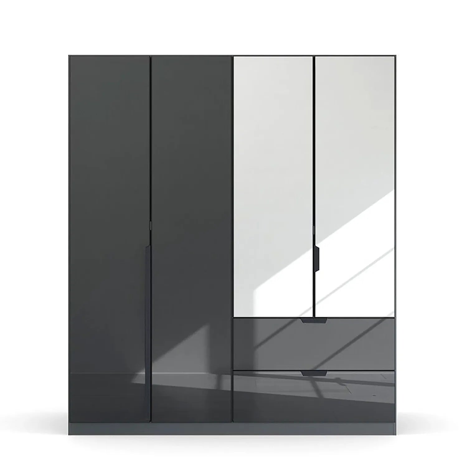 Mulheim 4 Door Basalt Glass Wardrobe with Drawers and Mirror - Pendle Village Furniture