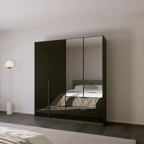 Mulheim 4 Door Basalt Glass Wardrobe with Drawers and Mirror - Pendle Village Furniture